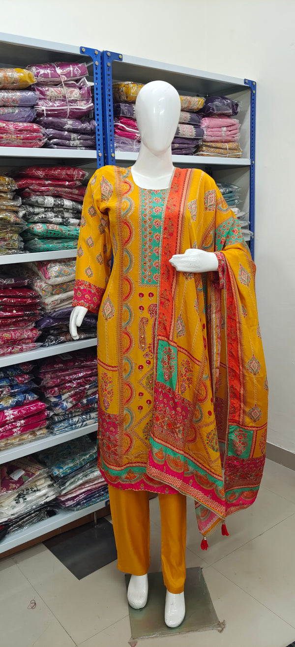 Mustard Yellow Printed Suit Set with Dupatta – Festive & Casual Wear