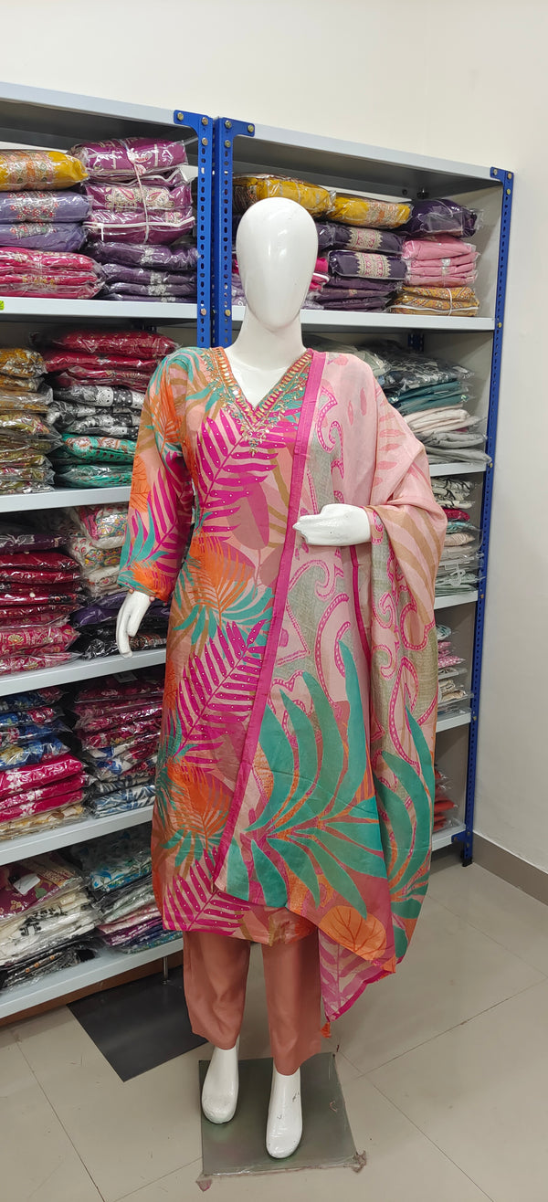 Peach & Pink Tropical Leaf Printed Kurta Set with Dupatta