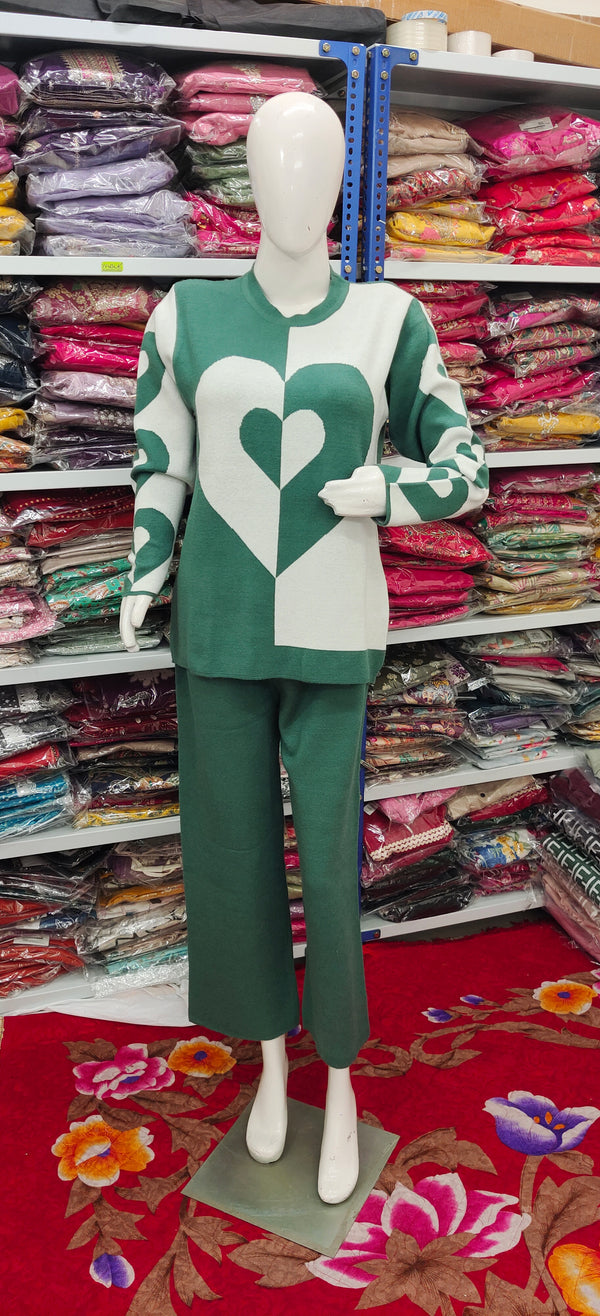 Winter Heart Pattern Knitted Co-Ord Set | Green & White Cozy Loungewear