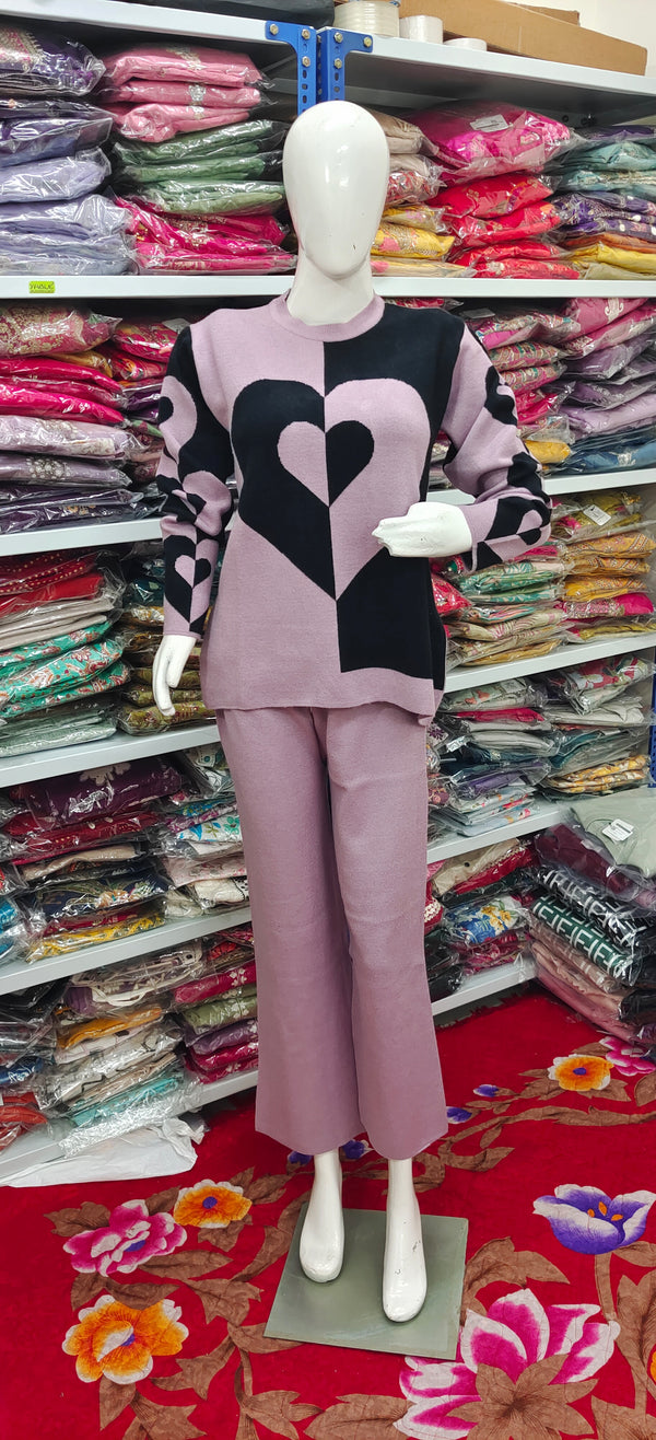 Winter Heart Pattern Knitted Co-Ord Set | Pink & Black Cozy Loungewear