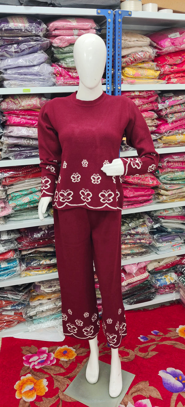 Winter Cozy Loungewear with Floral Detailing | Maroon Knitted Co-Ord Set