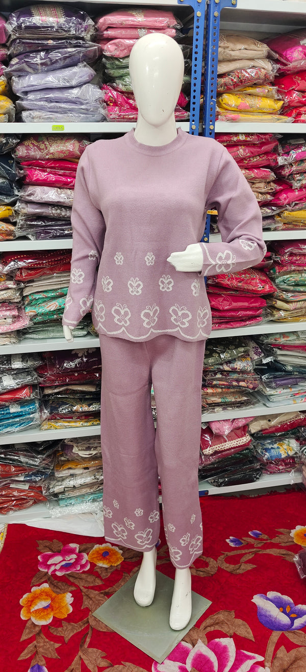 Winter Cozy Lavender Knit Set | Floral Embroidered Two-Piece Loungewear