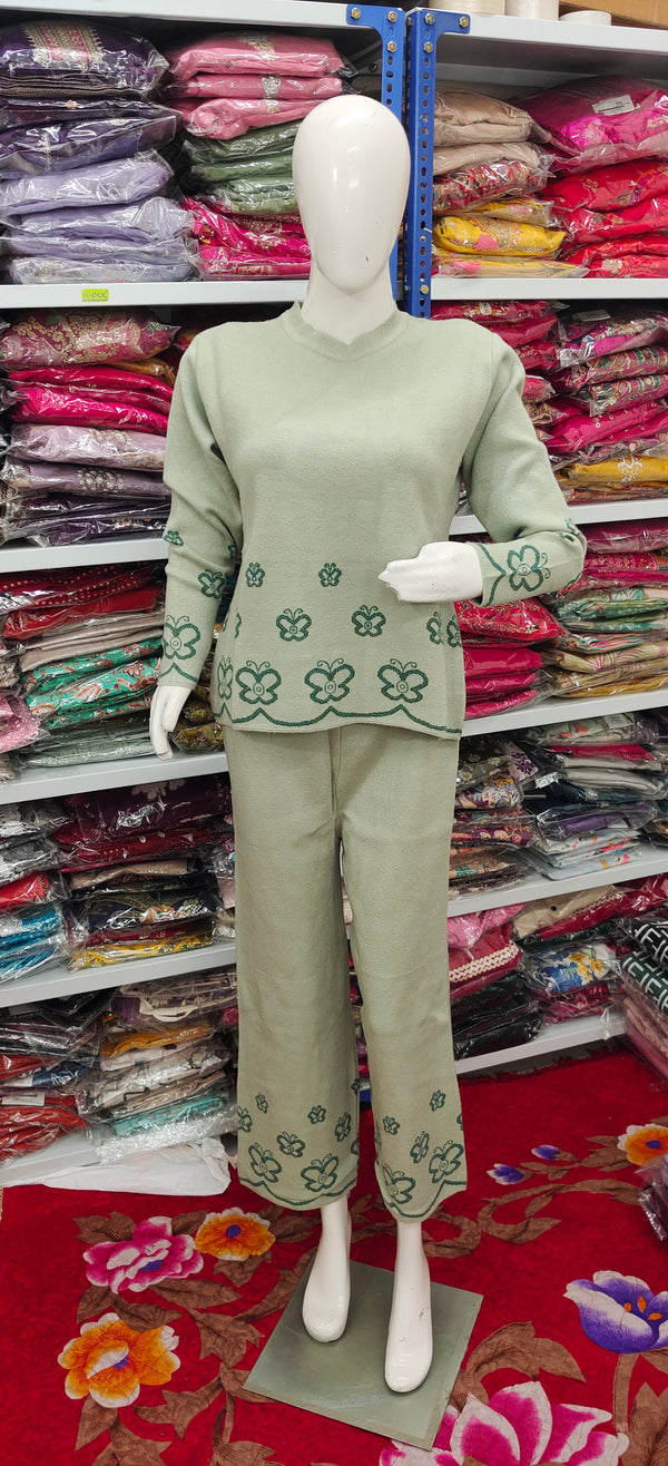 Winter Cozy Loungewear with Floral Detailing |Sage Green Knitted Co-Ord Set