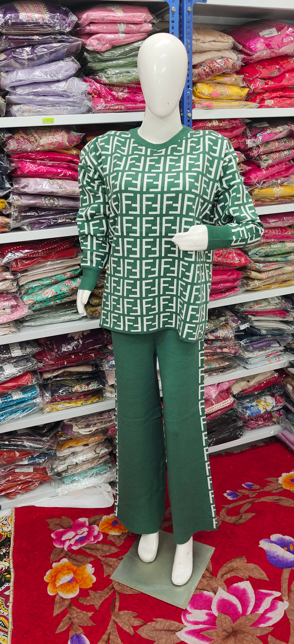 Winter Knit Co-ord Set | Emerald Green Luxe Monogram Pattern ?