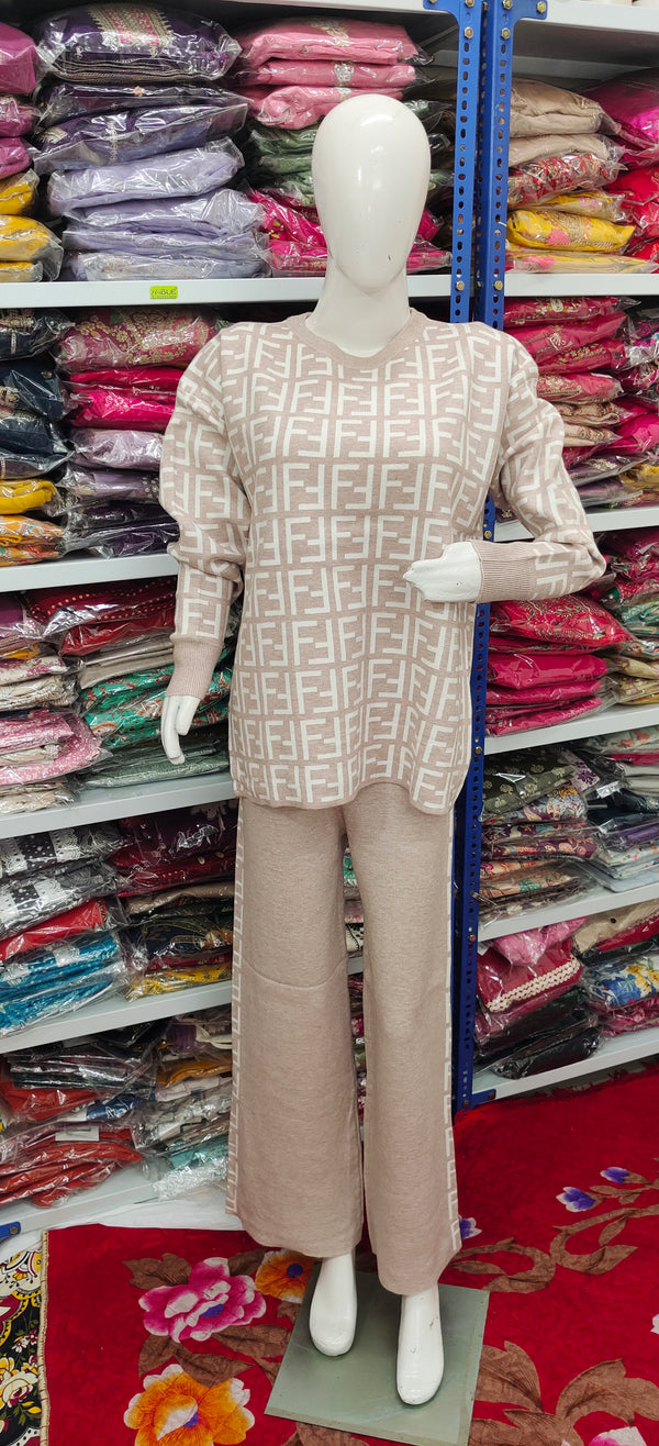Winter Knit Co-ord Set | Beige Luxe Monogram Pattern