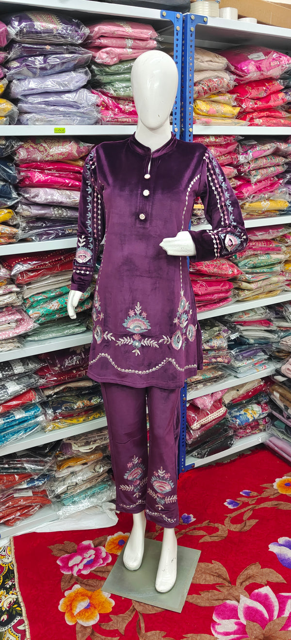 Winter Cord Set | Plum Dream Embroidered Luxe Co-ord