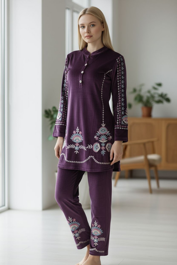 Winter Cord Set | Plum Dream Embroidered Luxe Co-ord