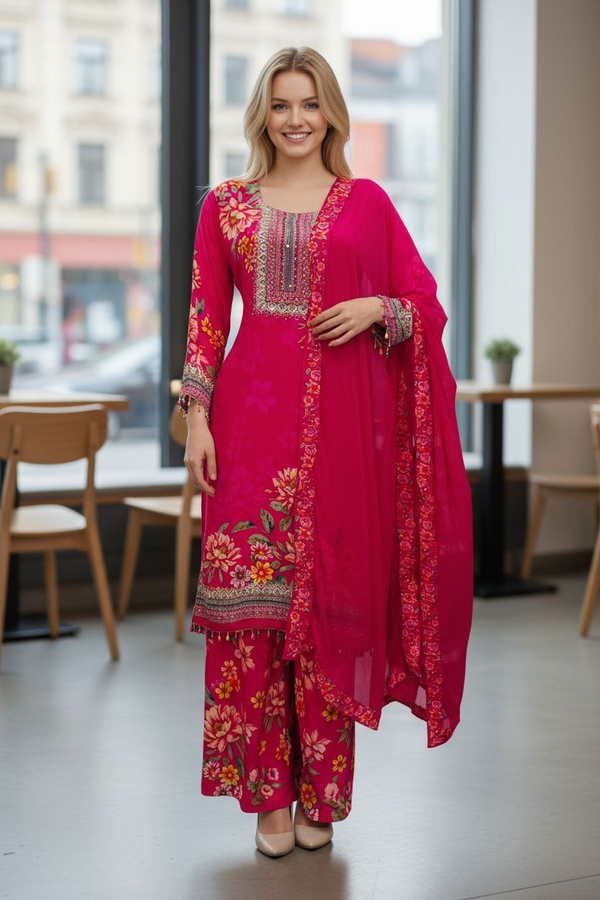 Rani Pink Floral Printed Suit Set with Dupatta – Festive & Party Wear