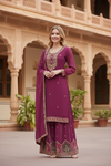 Wine Maroon Embroidered Palazzo Suit Set with Dupatta – Festive & Wedding Wear