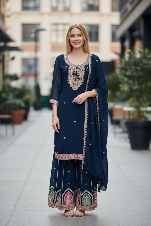 Navy Blue Embroidered Palazzo Suit Set with Dupatta – Festive & Wedding Wear