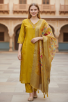 Mustard Golden Embroidered Suit Set with Organza Dupatta – Festive & Wedding Wear
