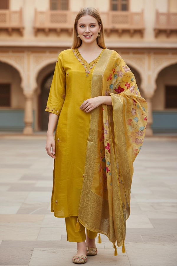 Mustard Golden Embroidered Suit Set with Organza Dupatta – Festive & Wedding Wear