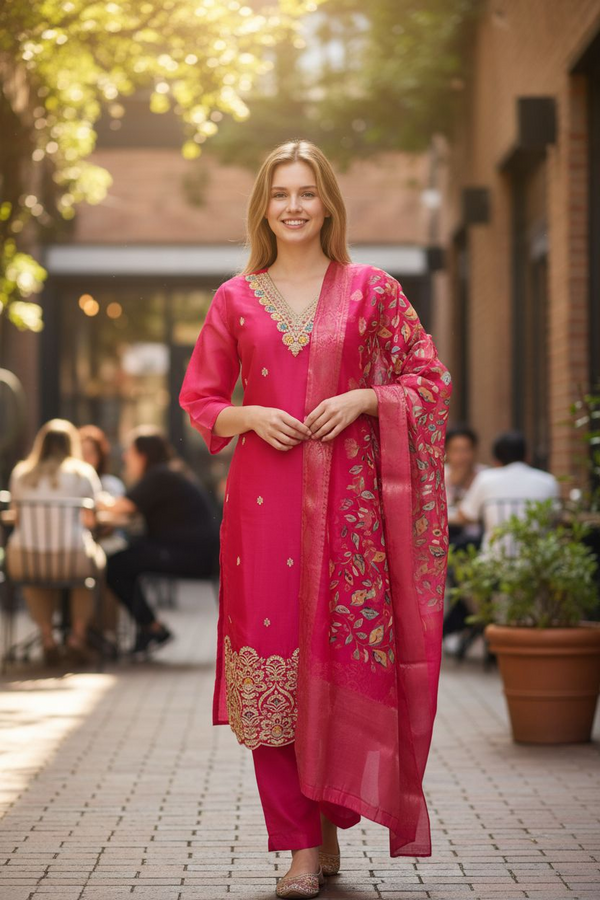 Pink Embroidered Suit Set with Banarasi Dupatta – Festive & Wedding Wear