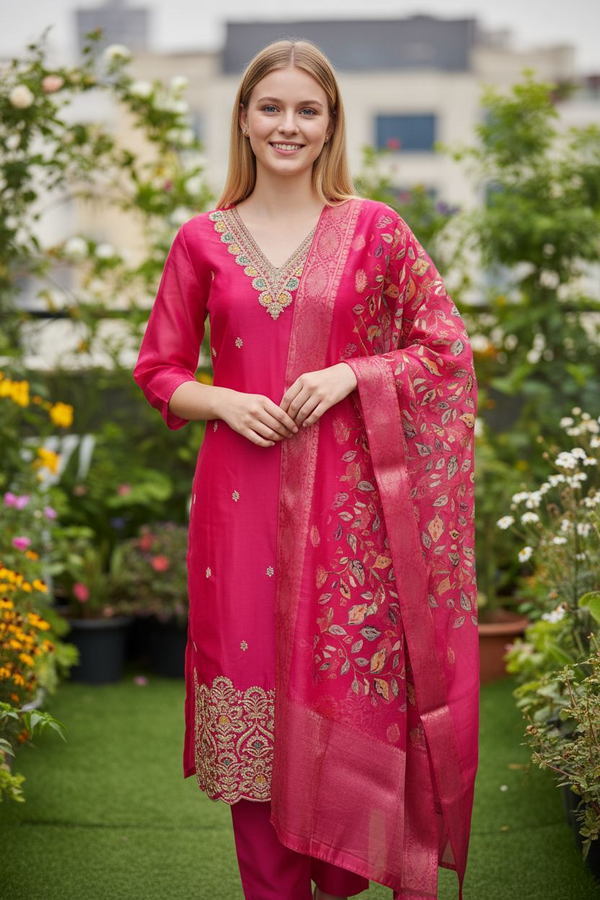 Pink Embroidered Suit Set with Banarasi Dupatta – Festive & Wedding Wear