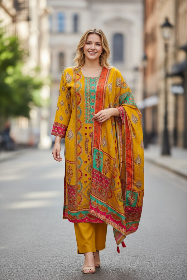 Mustard Yellow Printed Suit Set with Dupatta – Festive & Casual Wear