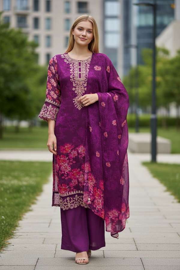 Purple Floral Embroidered Suit Set with Dupatta – Festive & Party Wear
