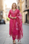 Rose Pink Embroidered Kurta Set with Floral Dupatta