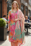 Peach & Pink Tropical Leaf Printed Kurta Set with Dupatta