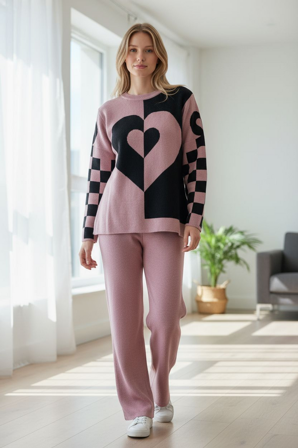 Winter Heart Pattern Knitted Co-Ord Set | Pink & Black Cozy Loungewear