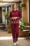 Winter Cozy Loungewear with Floral Detailing | Maroon Knitted Co-Ord Set