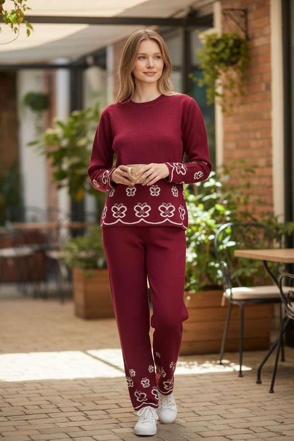 Winter Cozy Loungewear with Floral Detailing | Maroon Knitted Co-Ord Set