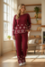 Winter Cozy Loungewear with Floral Detailing | Maroon Knitted Co-Ord Set