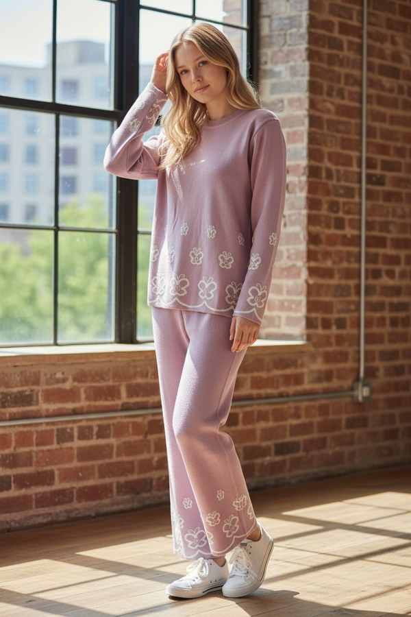 Winter Cozy Lavender Knit Set | Floral Embroidered Two-Piece Loungewear