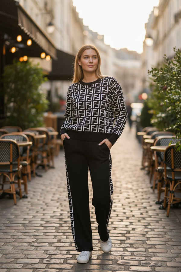 Winter Luxe Knit Co-ord Set | Black & White Monogram Pattern