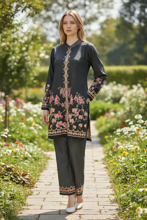 Winter Cord Set | Charcoal Bloom Embroidered Co-ord