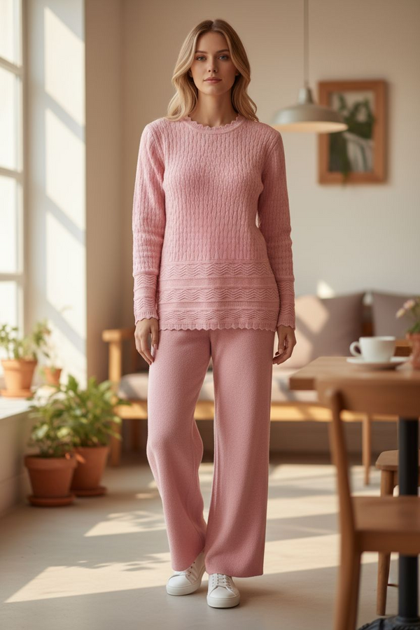 Winter Cozy Knit Co-ord Set | Soft Blush Pink Cable Pattern
